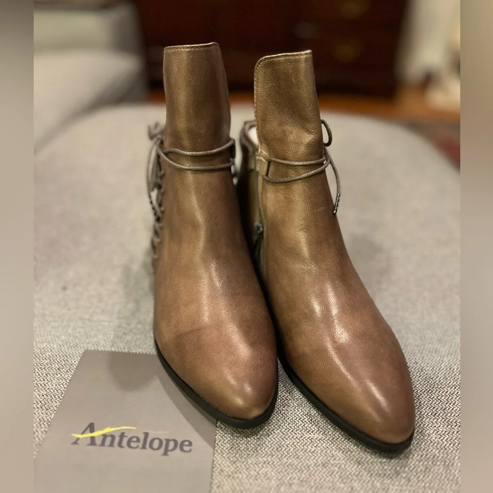 Antelope Taupe Leather Hi Front Tied Ankle Boots - Picture 2 of 13